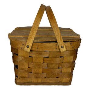 Woven Wicker Picnic Basket Brown Square Wooden Lid Farmhouse Country Decor